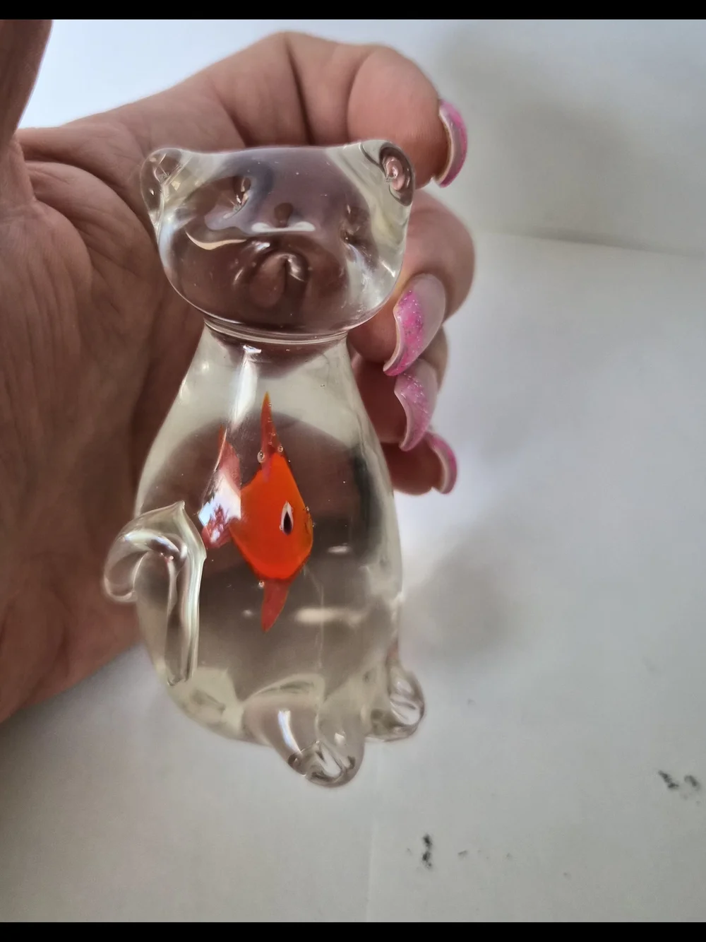 VTG Handblown Cat W/ An Orange Fish In The Belly